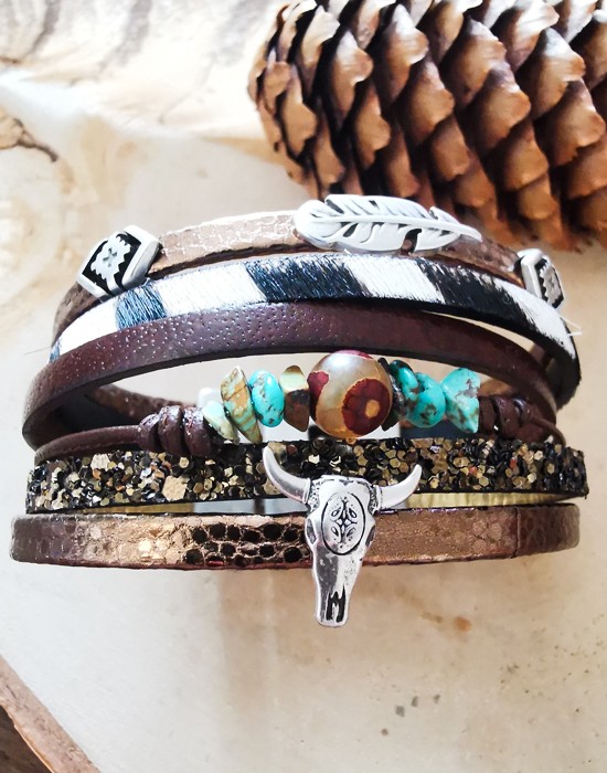 Bracelet en cuir et pierres en turquoises - Navajo