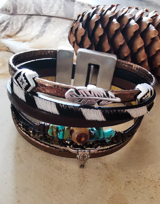 Bracelet en cuir et pierres en turquoises - Navajo