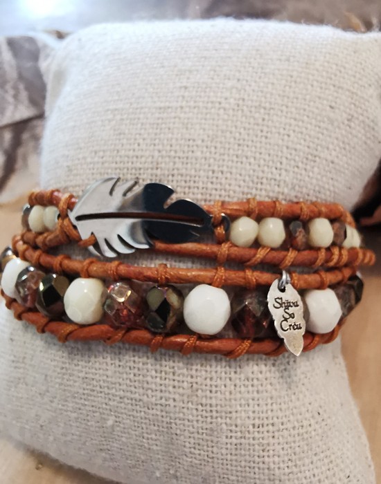 Bracelet en cuir et perles en verre de bohème - bracelet wrap "automnale"